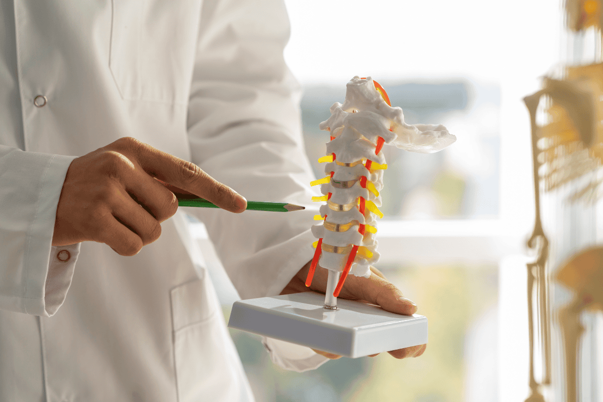 Medical professional in a white coat points to a spine model on a stand, explaining vertebrae to a learner.