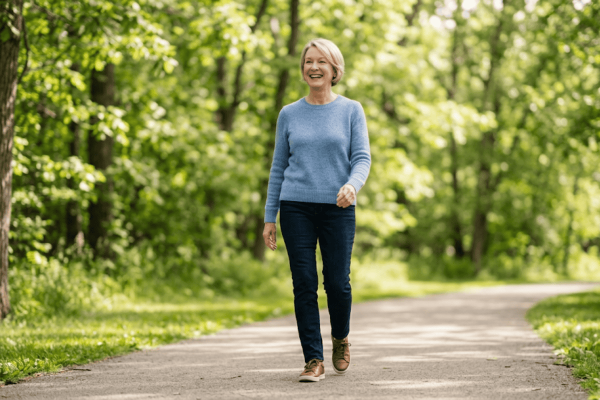 Smiling woman in a blue sweater walks along a tree-lined park path.