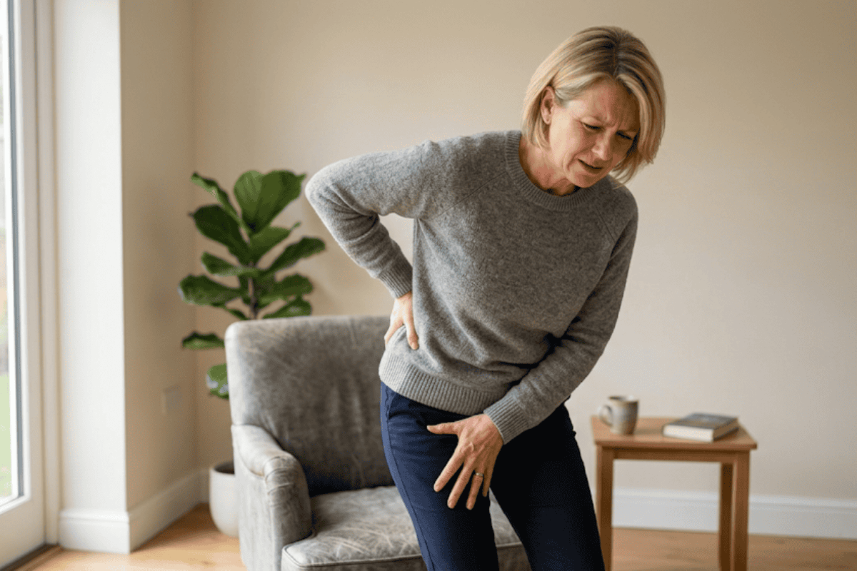 Woman in a gray sweater and navy pants clutches her lower back in a living room, showing back pain at home.
