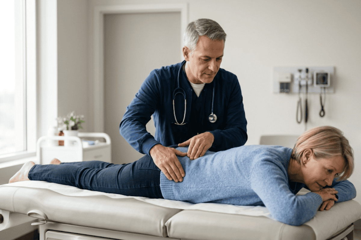 Healthcare professional palpates a patient’s back while the patient lies face down on an exam table in a clinic.