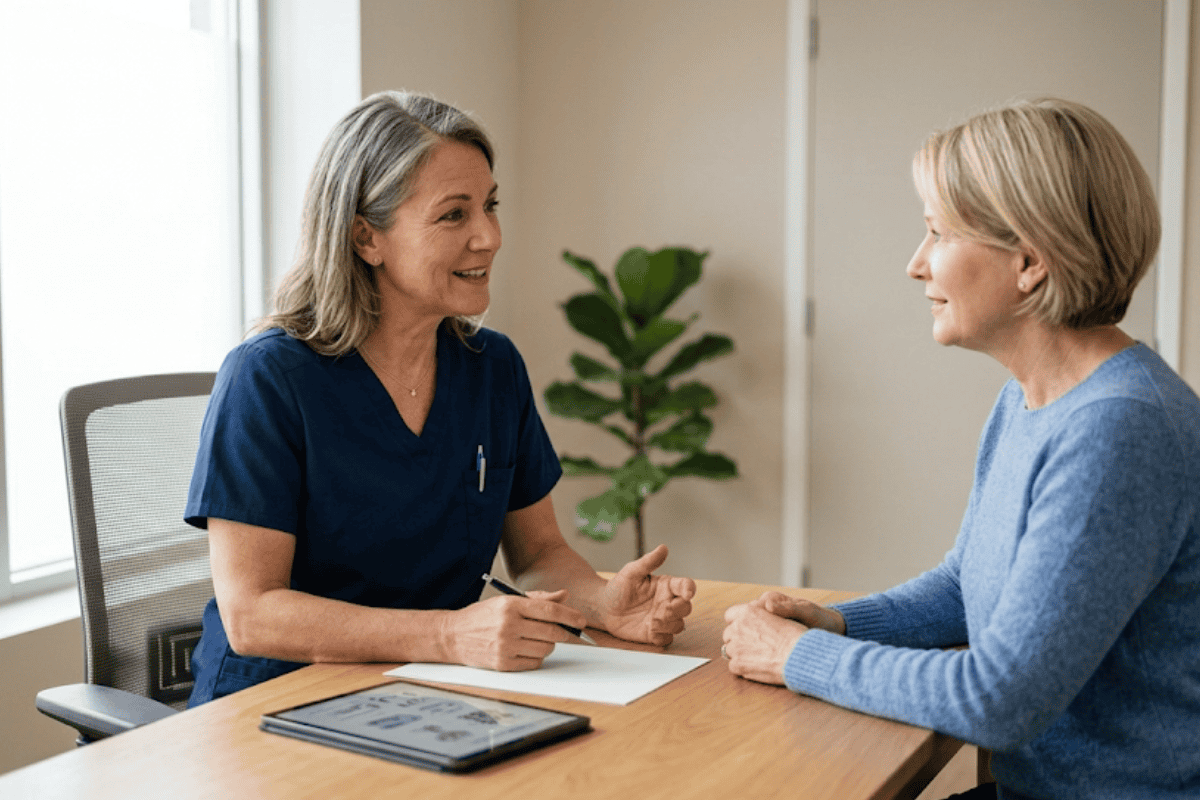 Healthcare worker in navy scrubs discusses forms with an older woman at a wooden table; tablet nearby.