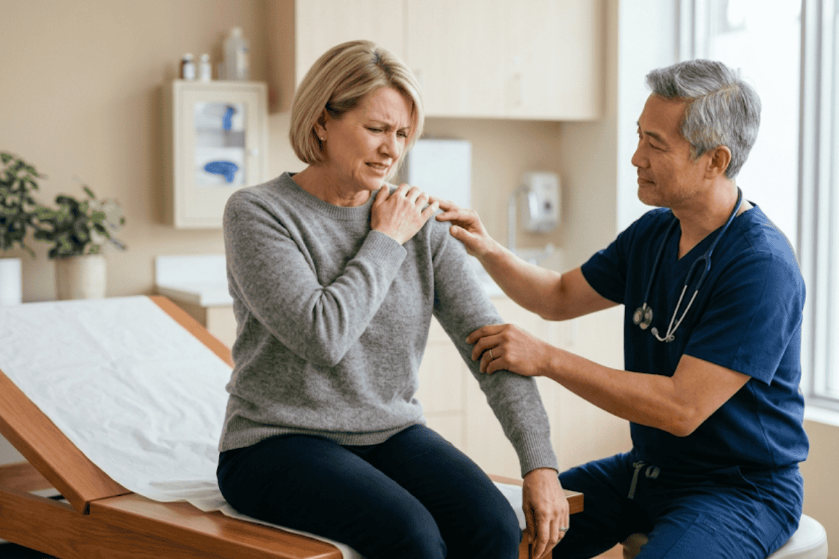 Doctor in blue scrubs checks an older woman's shoulder during a clinic examination.